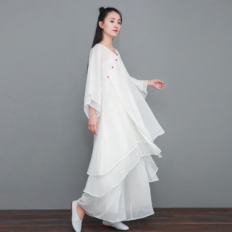 ワンピース レディース 中国風 シフォン素材 ロング丈 茶服 禅修服 瞑想服 ヒーリングウェア ゆったり リラックス 上品 ポリエステル 華奢見え