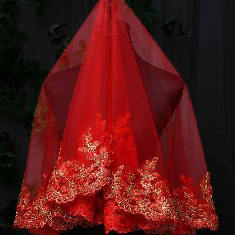 ウェディングベール 花嫁用 中国風 中華伝統 レトロ アンティーク調 ブライダルヘッドカバー 赤色 レッド 半透明 シアー 結婚式 披露宴 前撮り フォトウェディング 秀禾服 嫁入り衣装