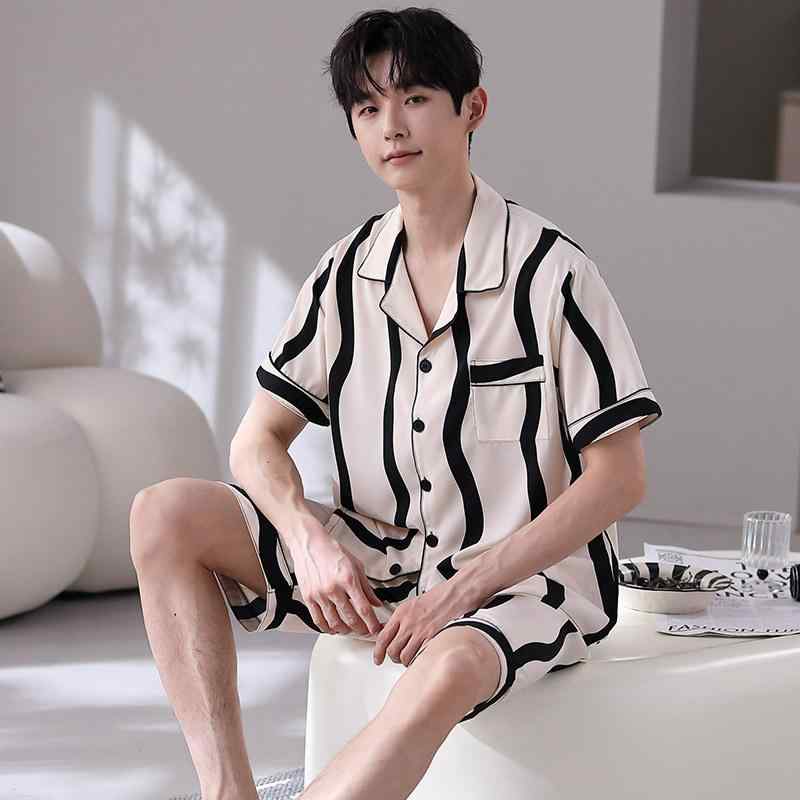 パジャマ メンズ 男性用 夏用 接触冷感素材 ポリエステル セットアップ 半袖 ショートパンツ 薄手 通気性 涼しい ルームウェア 部屋着 ワンマイルウェア カジュアル