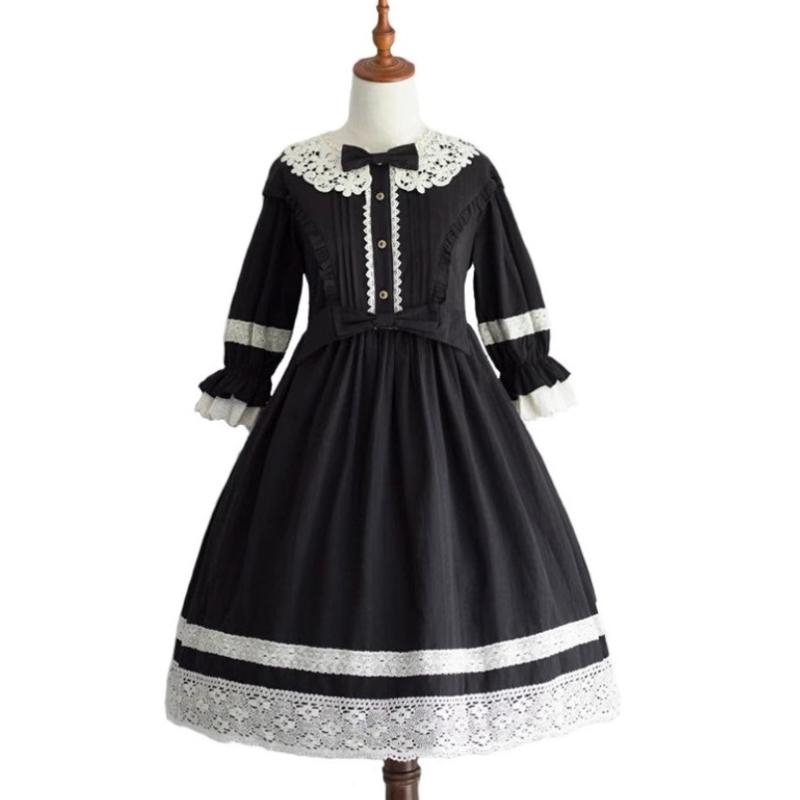 ワンピース レディース ロリータドレス ゴシック 宮廷風 かわいい 甘い レース フリル リボン飾り ポリエステル ラウンドネック パフスリーブ 七分袖 ミモレ丈 ブラック ピンク ライトブルー ダークブルー