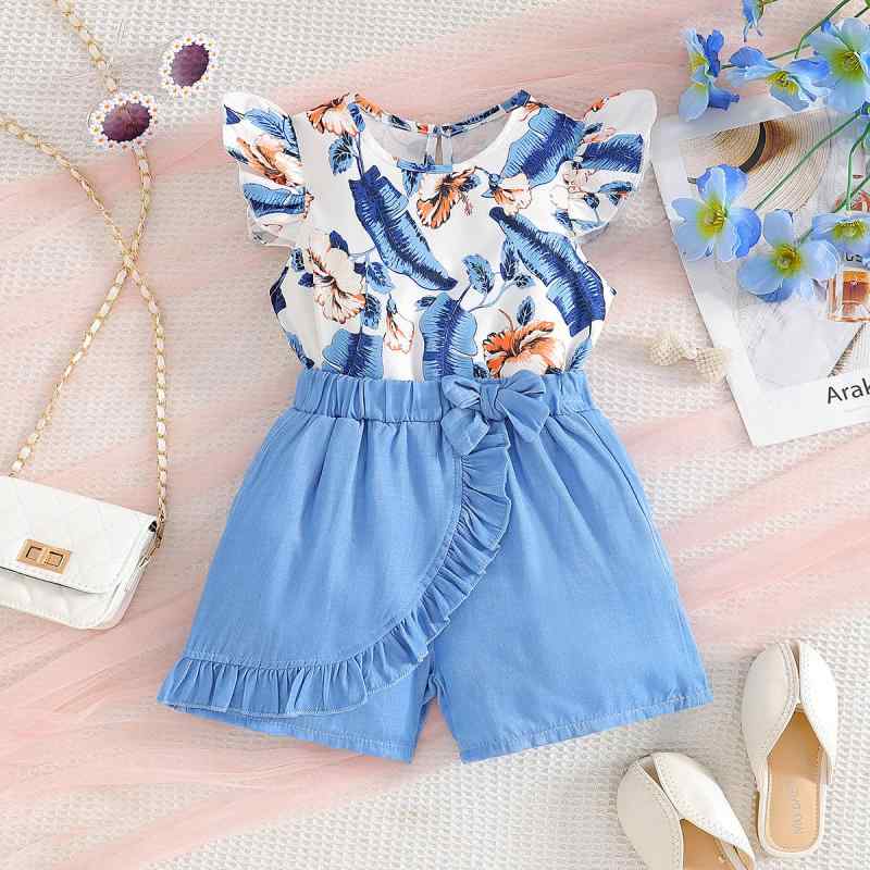 セットアップ キッズ 女の子 夏 ノースリーブ タンクトップ フリル袖 花柄プリント トップス かわいい フリル ブルー ショートパンツ 短パン 2点セット 上下セット ポリエステル 柔らかい 肌触り良い 普段着 お出かけ