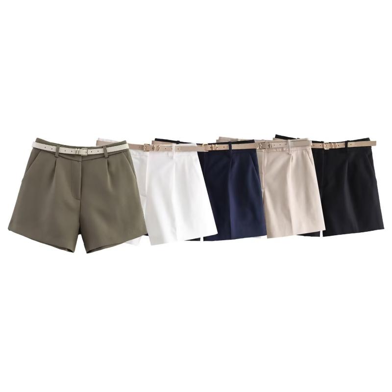 ショートパンツ レディース 欧米風 おしゃれ デザイン ベルト付き ハイウエスト ポリエステル素材 ショート丈 カジュアル リラックス ストレートシルエット ポケット付き
