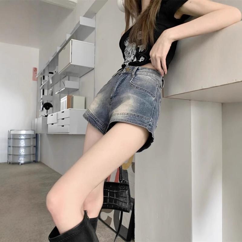 デニム ショートパンツ レディース アメリカンヴィンテージ風 ウォッシュ加工 薄手 ハイウエスト スキニー スリム ストレッチ Aライン ミニ丈 ホットパンツ カジュアル グレー 綿 ポリエステル