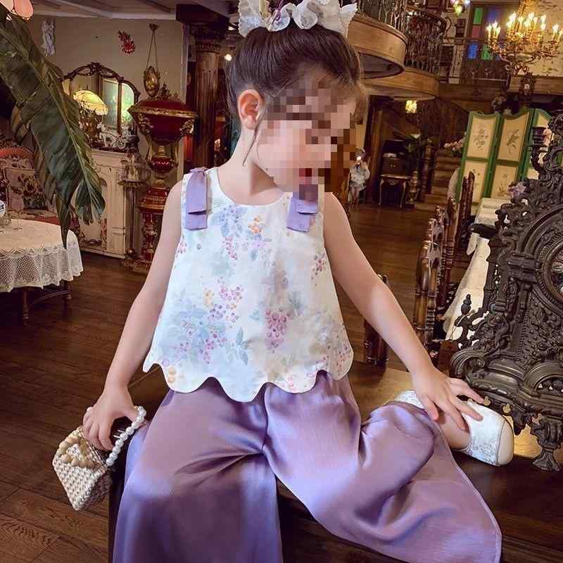 キッズ 女の子 セットアップ 夏服 小花柄 トップス ノースリーブ ワイドパンツ リゾート風 薄手 竹繊維 レーヨン ライトパープル