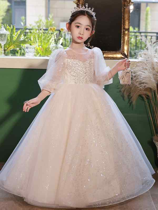 ドレス キッズ 女の子 子供 かわいい フォーマル プリンセスドレス 結婚式 ウェディング 花嫁介添人 誕生日 発表会 演奏会 舞台衣装 高級感 ポリエステル シャンパンカラー 通年
