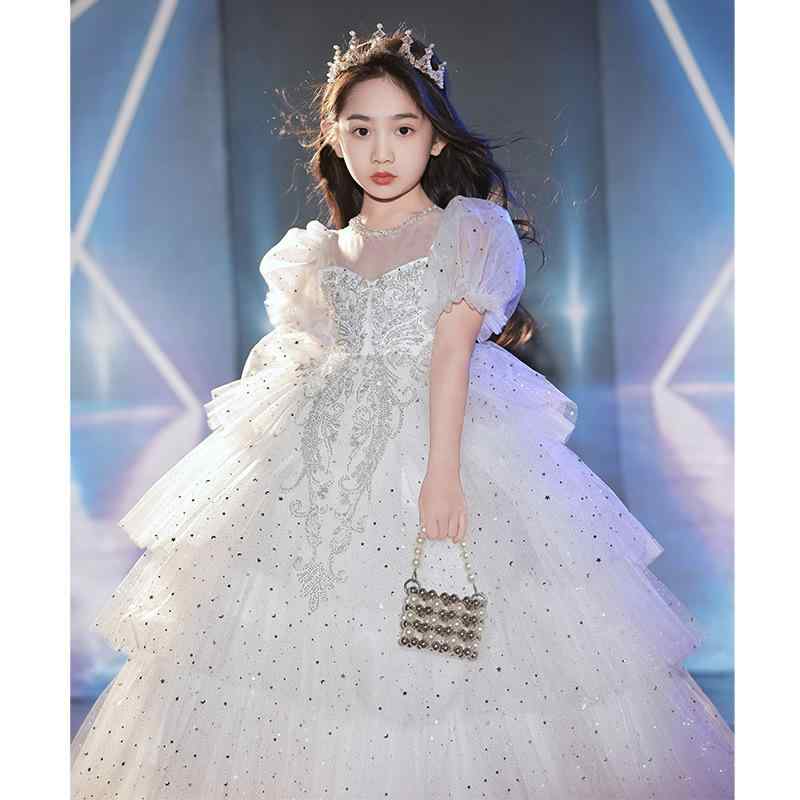 ドレス 女の子 フラワーガール 結婚式 ウェディング フォーマル プリンセスドレス 発表会 演奏会 誕生日パーティー ふわふわ ボリューム チュールスカート ポリエステル Aライン 白 ホワイト 春 夏 秋｜Grams店