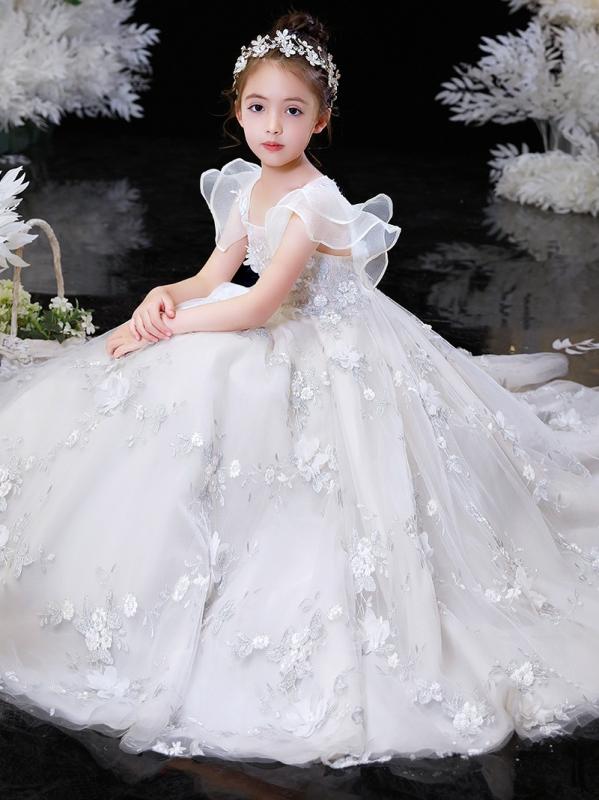 ドレス 女の子 キッズ ガールズ プリンセスドレス フォーマルドレス 発表会 演奏会 結婚式 七五三 誕生日 パーティー ステージ衣装 フラワーガール ウェディング ふわふわ チュールスカート ポリエステル ロング丈 エレガント