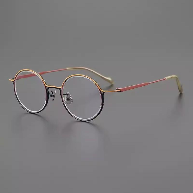 メガネ ユニセックス 高級感 バイカラー 超軽量 純チタン レトロ 丸型 眼鏡フレーム ブルーライトカット 小顔効果 度入り対応 フルリム 普段使い おしゃれ オレンジブラック シルバーグリーン シルバーブルー ブラックシルバー ブラックブラウン