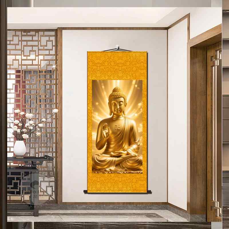 掛軸 釈迦牟尼仏 釈迦如来 仏画 絹製 高画質 高精細 中国古典 東洋風 和風 古風 巻物 壁掛け 印刷 縁起物 開運祈願 書斎 玄関 リビング 和室 仏間 店舗 オフィス用