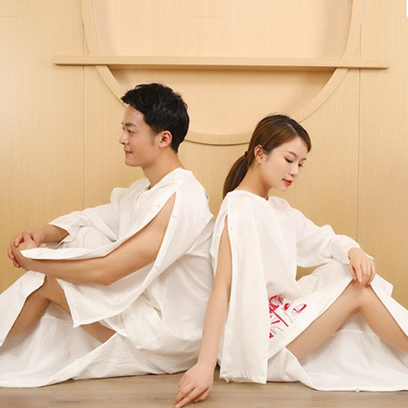 作務衣 男女兼用 カップル お揃い プリント 前開き 綿 コットン ゆったり 快適 温泉 サウナ よもぎ蒸し マッサージ エステ ルームウェア 部屋着 オールシーズン ホワイト