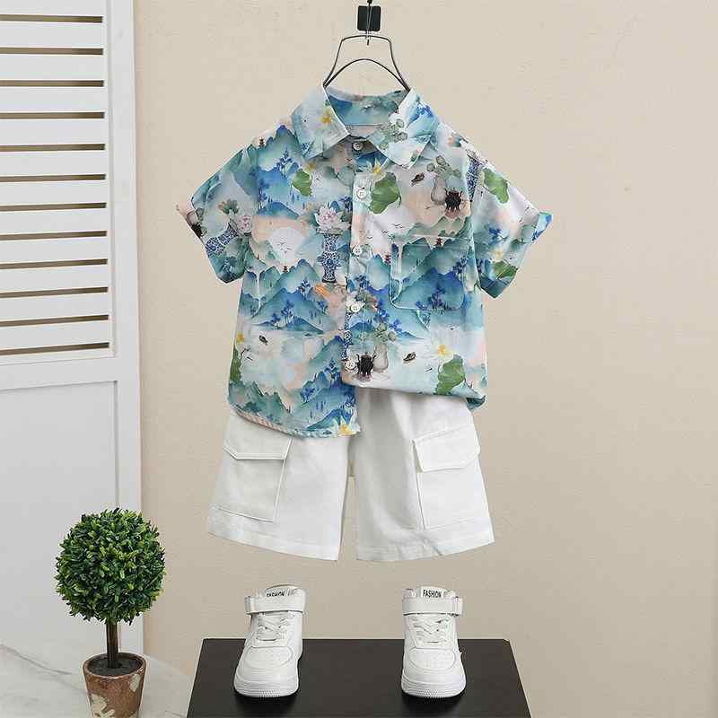 キッズ 男の子 アロハシャツ セットアップ 花柄 ボタニカル柄 半袖 薄手 コットン 綿 ショートパンツ 夏服 リゾート ビーチ バカンス 旅行 カジュアル 普段使い グリーン