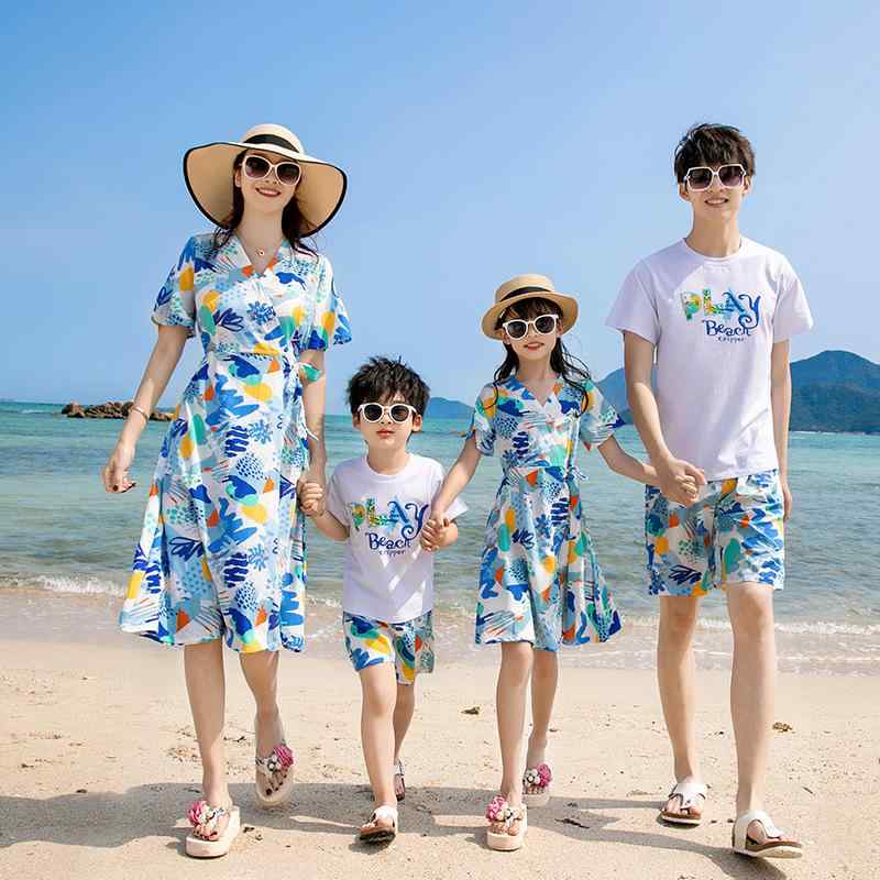 ワンピース 親子お揃い ファミリー向け 高級感 夏 リゾート ビーチドレス 母娘お揃いドレス 綿混 薄手 花柄 アルファベット柄 ソフト加工 写真映え おしゃれ カジュアル