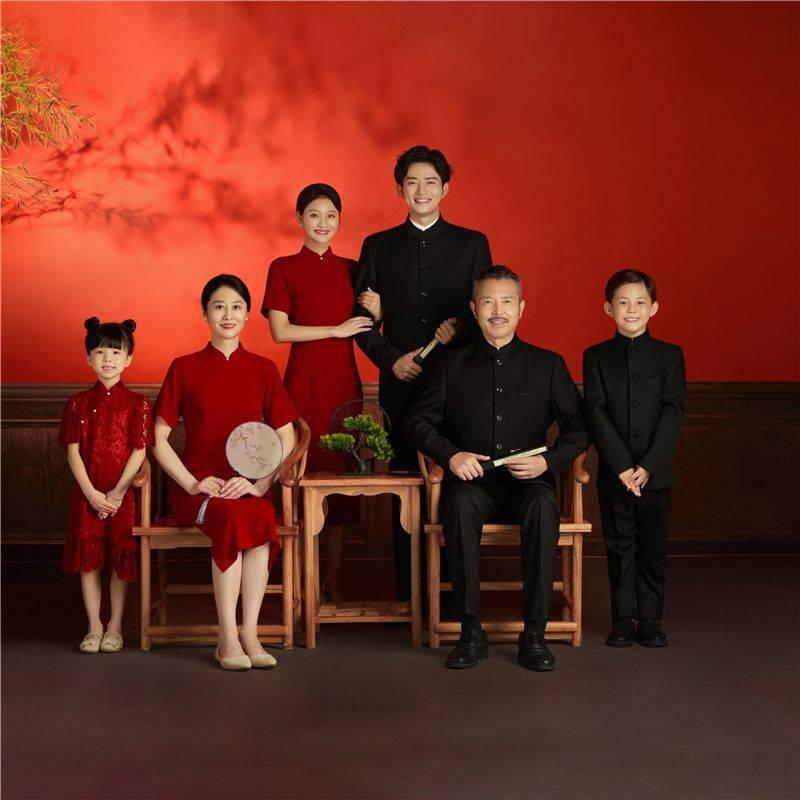 家族写真 撮影衣装 親子服 男女兼用 六人家族向け スタジオ撮影用 中国風 コスチューム ウール混紡 ポリエステル素材 チャイナドレス 中山服 セットアップ 記念写真 ファミリーポートレート お揃い衣装