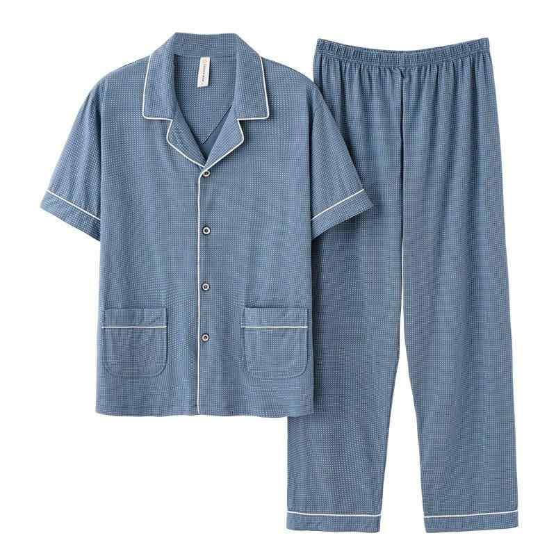 パジャマ メンズ ルームウェア 男性用 お父さん 綿100% コットン 半袖 ロングパンツ 長ズボン ゆったり 大きいサイズ ビッグサイズ 夏 春秋 薄手 快適 部屋着 普段使い ホームウェア 前開き 襟付き