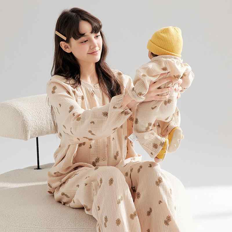 パジャマ レディース マタニティ 産後 授乳 ルームウェア 綿100% ダブルガーゼ 薄手 夏 春秋兼用 長袖 ロングパンツ 上下セット 部屋着 入院着|Grams店