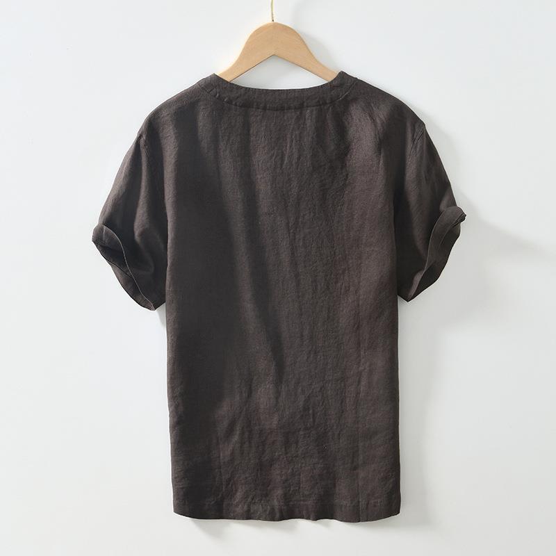 Tシャツ メンズ 中国風 レトロ 民族風 Vネック 半袖 麻 リネン トップス カジュアル ゆったり ルーズフィット 普段使い 通気性 夏 シンプル インナー