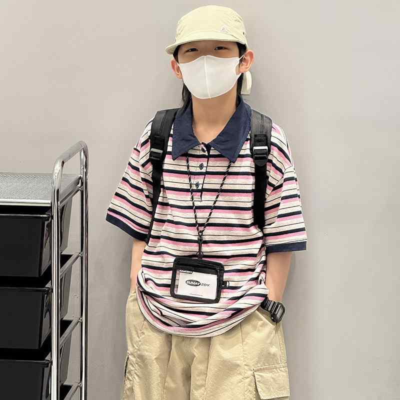 ポロシャツ キッズ 子供服 半袖 男の子 ボーダー 春夏 夏服 トップス 通学 普段使い カジュアル おしゃれ かっこいい ピンク