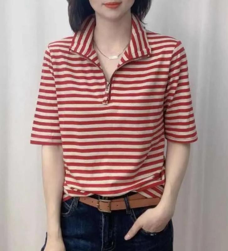 ポロシャツ レディース 半袖 トップス Tシャツ スタンドカラー 体型カバー 細見え 万能 着回し ボーダー ジップ カジュアル 普段使い 春夏 プルオーバー グリーン ブラック レッド|Grams店