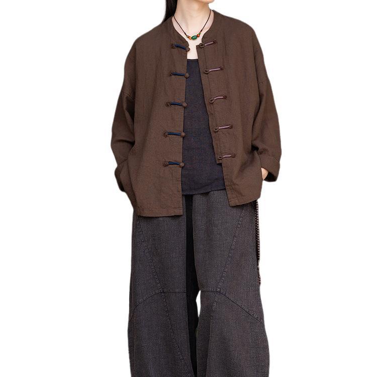 瞑想 服 レディース 仏教 禅 ボタン付き トップス 中国風 麻 カーディガン セット ベージュ パープル イエロー