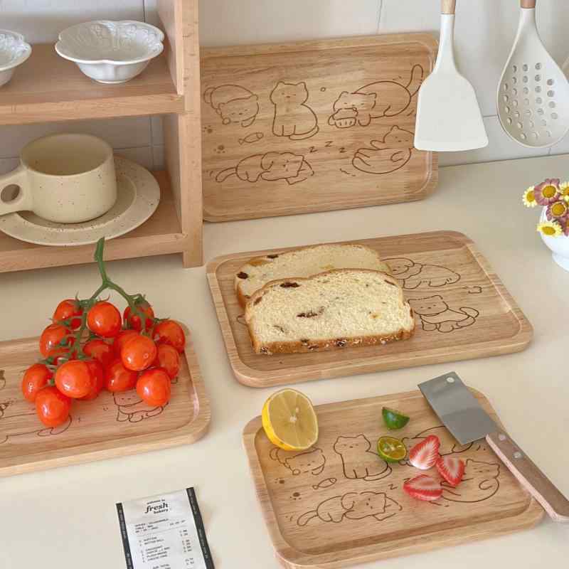 トレイ お皿 猫 犬 アニマルモチーフ ラバーウッド 天然木製 パン フルーツ スイーツ お菓子 朝食 ランチ デザート用 かわいい おしゃれ 家庭用 卓上 多機能 カフェ風 韓国インテリア画像
