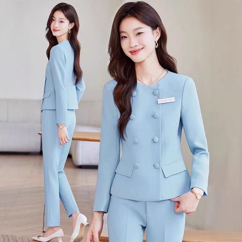 スーツ レディース ノーカラー ジャケット パンツスーツ 美容室 ホテル フロント 受付 制服 オフィス ビジネス 通勤 フォーマル 上品 ポリエステル 長袖 ブラック ブルー|Grams店