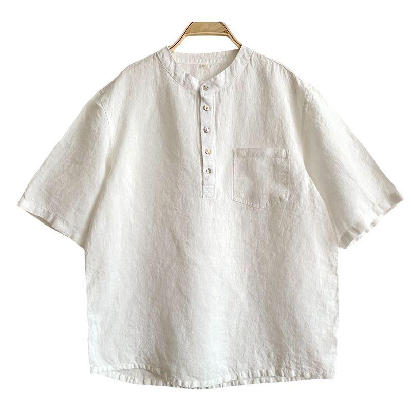 プルオーバー メンズ ヘンプ 麻 半袖 衣嚢付き添い人 照明ランプ色合い レトロ 中華風 吸湿速乾 通気性 冷やりとした 好いたらしい 夏 白いこと 薄墨色 カーキ