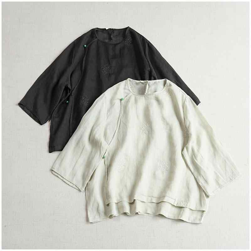 プルオーバー 中華風 レトロ 丸首 九分袖 カラムシ 生まれながら原料品 ゆったり 冷やりとした感 通気性 曲がった名取り草 刺しゅう トップ 黒いこと 白いこと