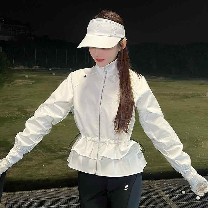 ゴルフ レディース ジャケット アウター 長袖 ウエストマーク 着痩せ 細見え スポーツ ゴルフウェア トレーニング 韓国ファッション ポリエステル 夏 ホワイト ブラック|Grams店
