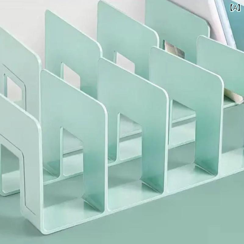 卓上収納 ブックスタンド プラスチック製 本立て デスクオーガナイザー 書類整理 整頓 透明 仕切り付き 四仕切り デスク周り 文房具収納 小物入れ 省スペース ホワイト ブラック グリーン ブルー ピンク