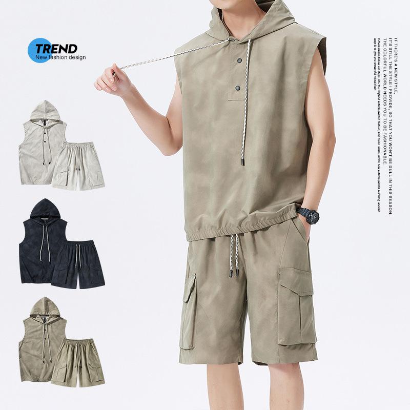 Tシャツ ショートパンツ セットアップ メンズ 日系 ワークウェア カジュアル ゆったり フード付き ノースリーブ 薄手 ポリエステル 織り柄 夏物 普段使い スポーツ アウトドア ブラック ベージュ ダークカーキ