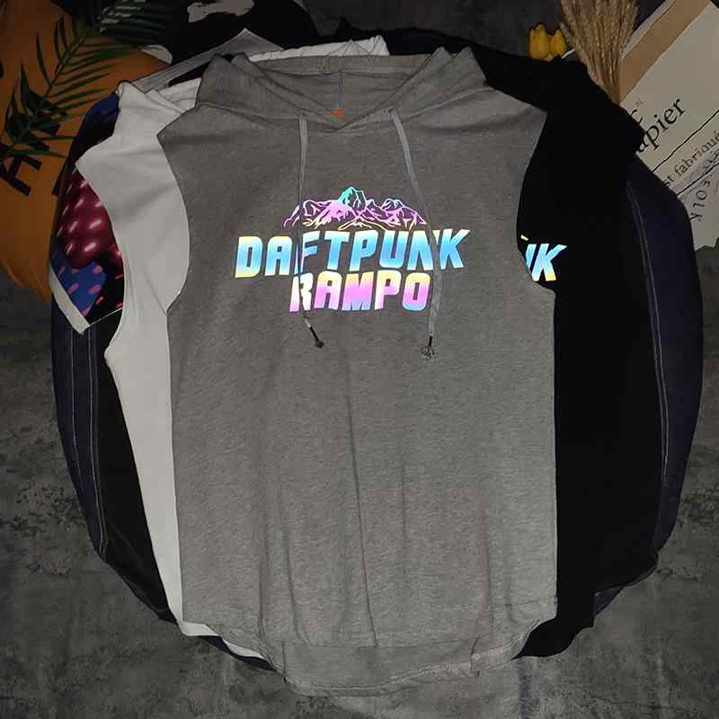 ノースリーブTシャツ メンズ フード付き リフレクター 反射プリント ゆったり ルーズフィット スポーツ ストリート カジュアル コットン 綿100% コーマ綿 イージーケア デイリー 夏 トップス