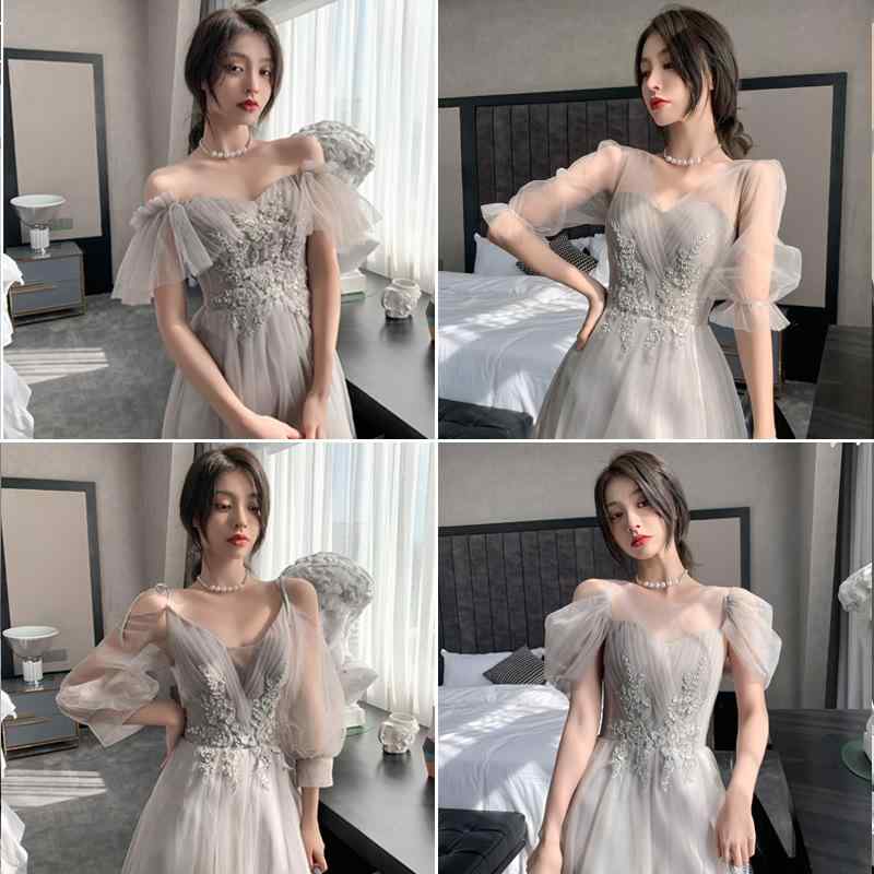 ドレス レディース ブライズメイド フォーマルドレス 大きいサイズ 体型カバー 細見え ロング丈 マキシ丈 結婚式 二次会 謝恩会 卒業式 成人式 パーティー ポリエステル ノースリーブ キャミソール ショートトレーン 刺繍 グレー