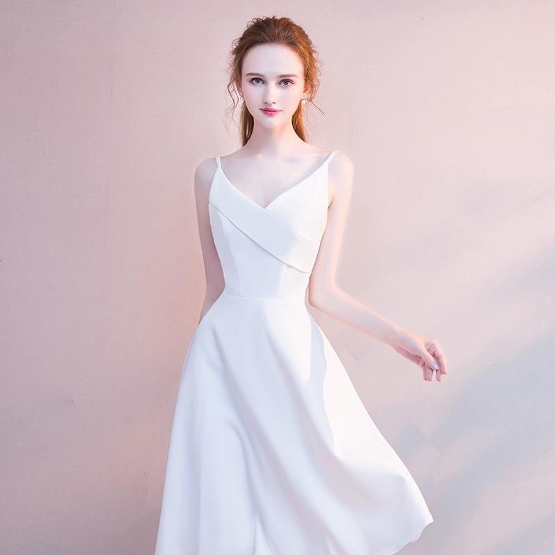 ドレス レディース 低身長 小柄向け パーティードレス イブニングドレス キャミソールワンピース 高級感 エレガント 上品 結婚式 二次会 お呼ばれ ブライズメイド 普段使い フレンチスタイル Aライン ハイウエスト ノースリーブ ポリエステル ホワイト