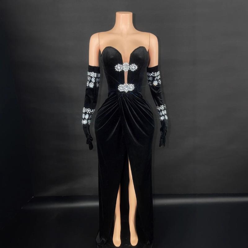 ドレス Vネック ノースリーブ ロング丈 スリット タイト ボディコン イブニングドレス ブライズメイドドレス 演奏会 発表会 フォーマル ステージ衣装 スパンデックス スパンコール エレガント 上品 ブラック 黒