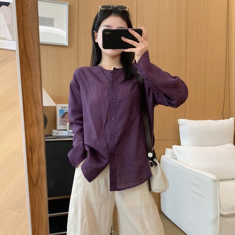 ブラウス レディース ラミー麻 リネン シアー 透け感 接触冷感 柔らかい ゆったり オーバーサイズ ラウンドネック 長袖 カジュアル 通勤 エレガント 無地