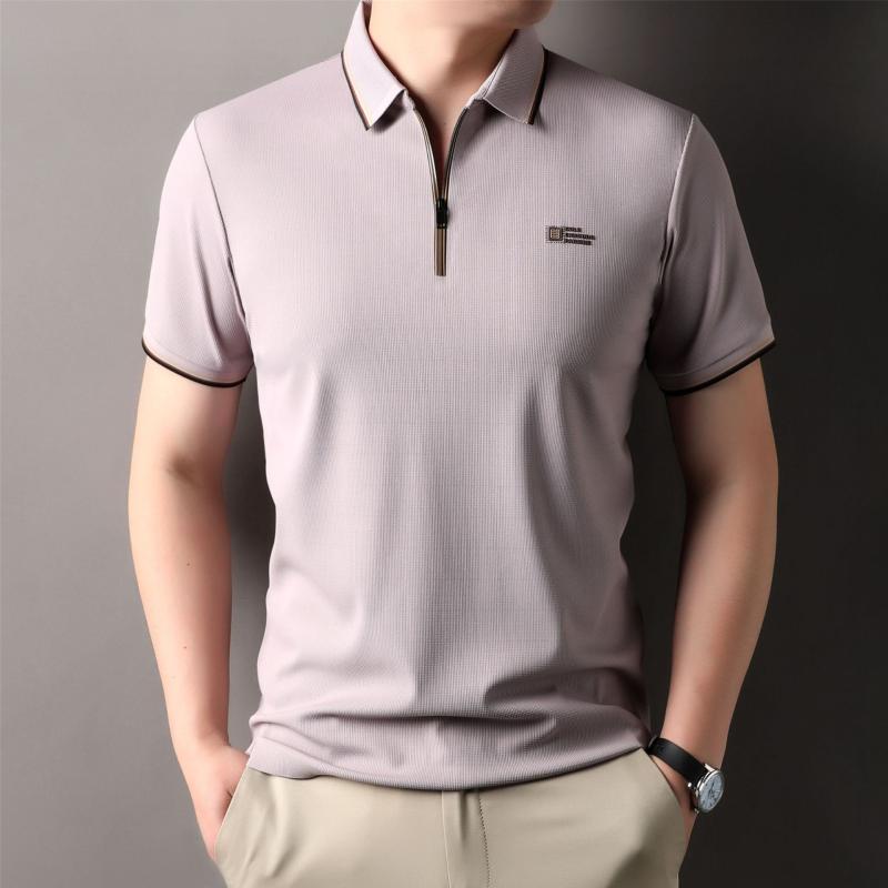 POLOシャツ メンズ 半袖 接触冷感 薄手 ポリエステル ゆったり 襟付き ジップアップ 無地 トップス 夏 ゴルフ ビジネス カジュアル 普段使い ブラック カーキ アイボリー ライトブルー