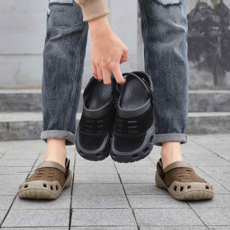 サンダル メンズ 男性用 夏用 クロッグサンダル つま先保護 滑り止め 軽量 通気性 EVAソール 牛革 ドライビング 釣り アウトドア ビーチ 海辺 水陸両用 外履き 普段使い カジュアル カーキ ブラック