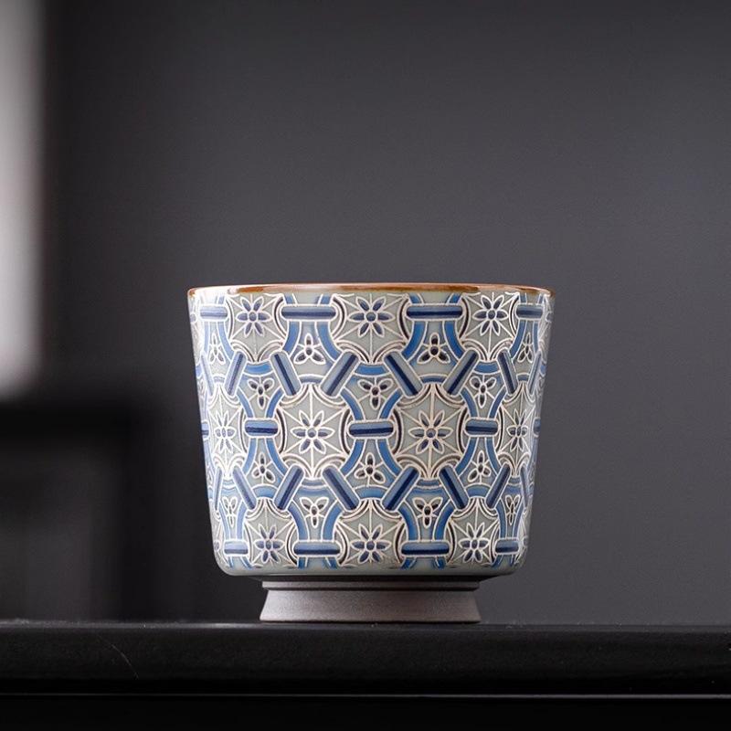 茶器 汝窯 陶磁器 銀細工 鎖子甲柄 高足杯 V字型カップ 功夫茶杯 品茗杯 主人杯 茶人杯 煎茶碗 高級感 中国茶 軽奢復古