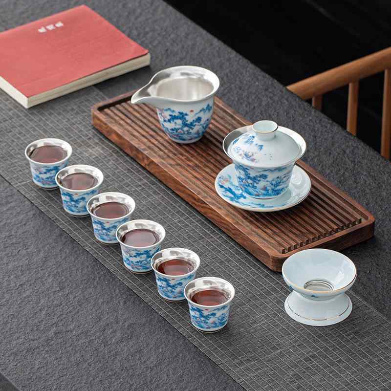 茶器 御前上等感 差しあげる用 商行為差し上げ物 瀬戸もの 銀彩 染付 青花 藍彩 墨彩 風景画 功夫茶器 仕掛ける 蓋碗 湯呑み 6人用 耐熱 濾す 熱傷押しとどめる 差し上げ物ボックス席入り口・入口