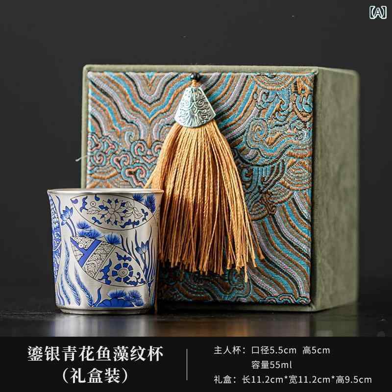 茶器 瀬戸もの 人間杯 純銀彩 999純銀 魚藻紋 功夫茶器 品茗杯 中国茶 お読み合わせる用 見舞い客用 御前上等感 差しあげる品 差し上げ物 一人用優勝杯 無色素 藍色