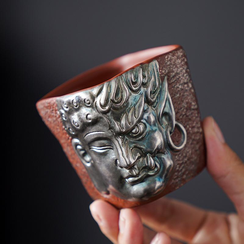 茶器 紫砂陶器 銀彩仕上げ 茶杯 茶碗 湯呑み 本格中国茶器 手作り ハンドメイド 高級感溢れる 約140ml シンプル モダン 新中華風デザイン 普段使い 来客用 お茶時間 リラックスタイム
