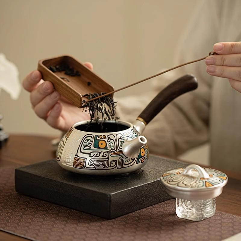 茶器仕掛ける 純銀製 瀬戸もの 現ナマ象嵌飾りつけ 1人用 ソロ用 携帯型 周遊用 執務室 商行為一こま 耐熱 水漉し内蔵 レトロ調 御前上等感