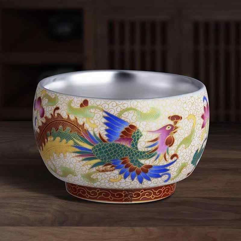 茶器セット 陶磁器 999シルバー 銀張り 龍鳳凰 色絵 工芸品 中華風 マスターカップ 湯呑み 茶碗 ティーカップ ギフト 贈答品 贈り物