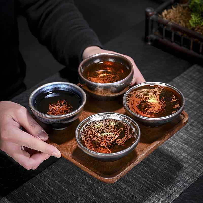 茶碗 建盞 竜鳳 銀彩 陶磁器 功夫茶器 主人杯 品茗杯 原鉱鉄胎 油滴天目 藍麒麟 手作り 上質 高級感 中国風 レトロモダン 来客用 おもてなし ギフト プレゼント