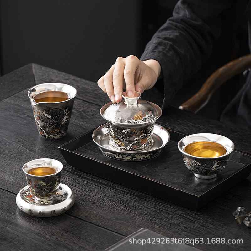 茶器 高級感 純銀 ・絆銀 墨龍 三才蓋碗 功夫茶器 茶碗 湯呑 家庭用 普段使い 来客用 一人用 二人用 少人数 耐熱 防熱 ギフトボックス入り 贈答品 贈り物 お祝い プレゼント