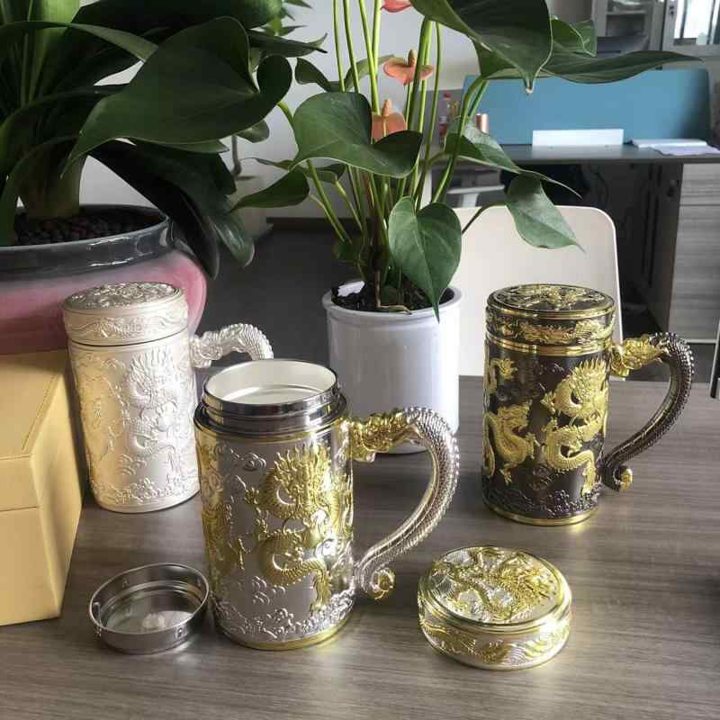 保温マグ 男女兼用 純銀999製内胆 九龍デザイン チタン製 大容量 500ml 茶こし付き 厚手 携帯用 オフィス ビジネス 自宅用 アウトドア スクール シルバーカラー