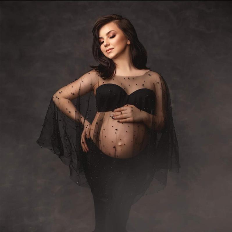 マタニティフォト衣装 妊婦用 ドレス シースルー メッシュ ノースリーブ フリル袖 ビーズ装飾 エレガント フェミニン ポリエステル アクリル ホワイト ブラック