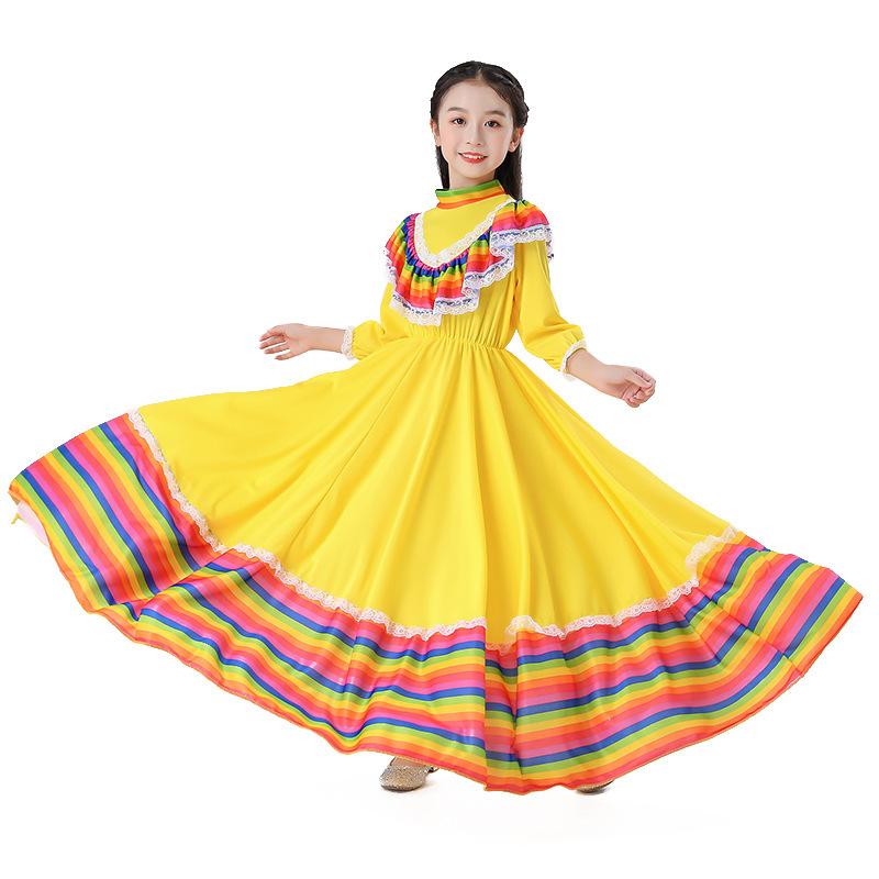 ワンピース キッズ 女の子 メキシカン 民族衣装風 ボリューム フレアスカート ダンス衣装 ハロウィン こどもの日 発表会 舞台 イベント 黄色 綿混紡 伸縮性