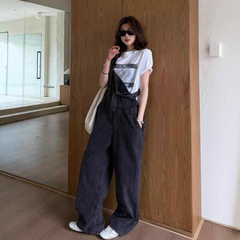 サロペット オールインワン レディース 女性用 ハイウエスト リブ ストライプ カジュアル レトロ シンプル リラックス ワイドパンツ ストレートパンツ 綿 コットンブレンド ブラック 黒 ノースリーブ 中厚手 伸縮性なし