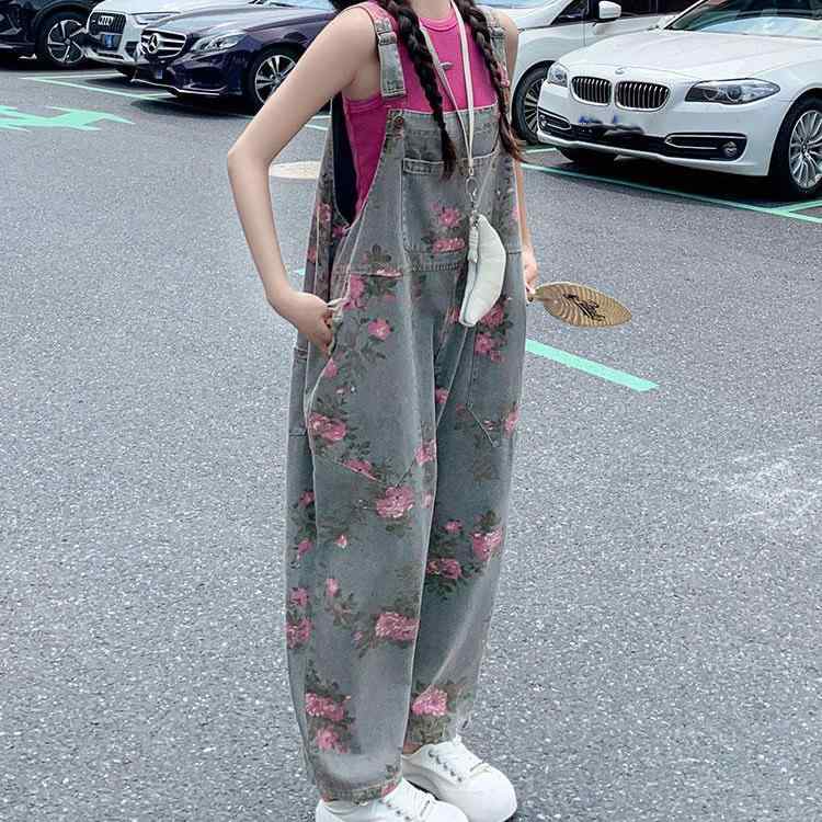 サロペット レディース デニム コットン ゆったり ルーズ ワイド ハイウエスト ストレート ノースリーブ ロング丈 着痩せ 細見え 若見え効果 伸縮性 韓国風 カジュアル オールシーズン プリント オールインワン